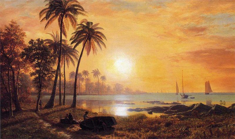 Albert Bierstadt Tropical Landscape with Fishing Boats in Bay oil painting picture